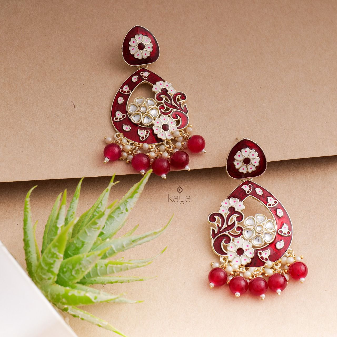Wine Red Pearl Kundan Chandbali Earrings | FashionCrab.com